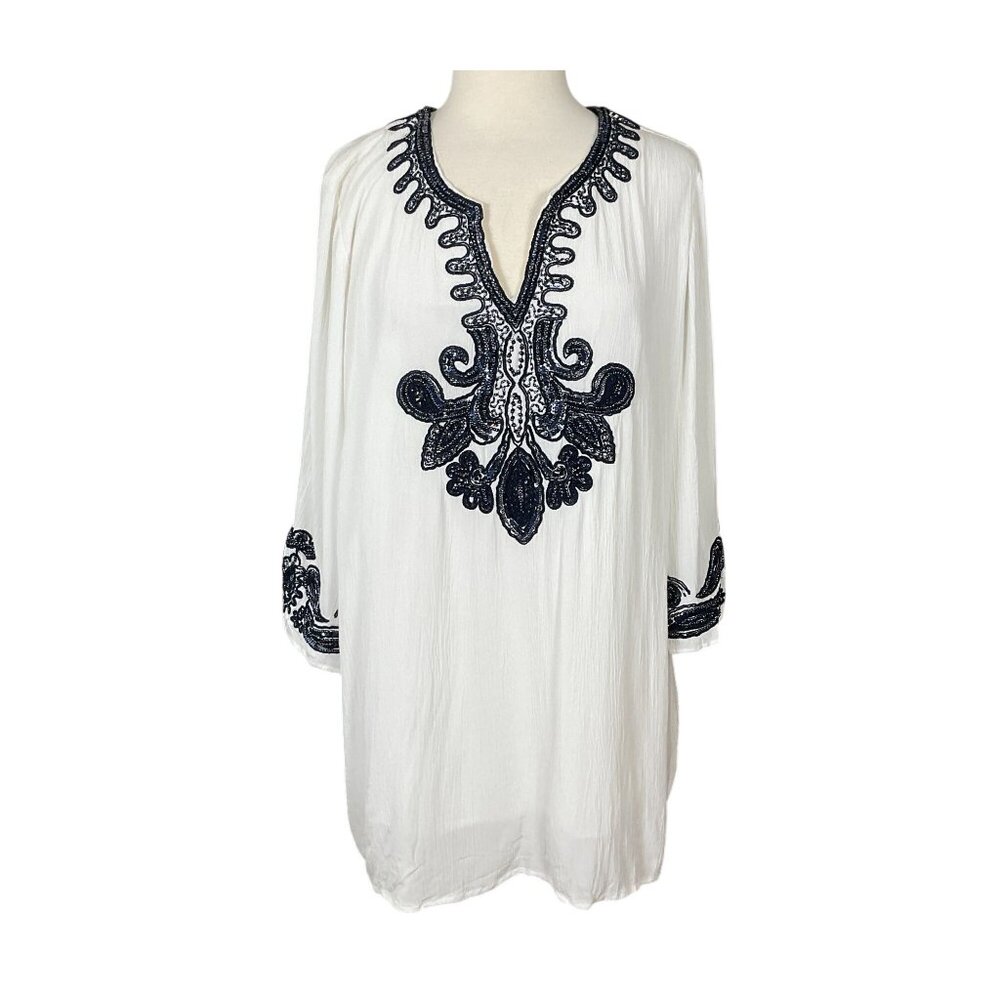 Chicos White Gauze 3/4 Sleeve V-Neck Lined Navy Beaded Embellished Tunic 16/18